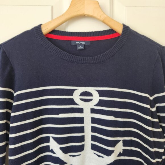Nautica Navy & White Anchor Striped Sweater Preppy Prep Fisherman Coastal Cute - Picture 3 of 9